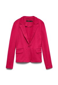 Blazer rose vif pour femme, cintré, avec revers crantés, fermeture à un bouton et poches avant à rabat, présenté à plat sur fond blanc.