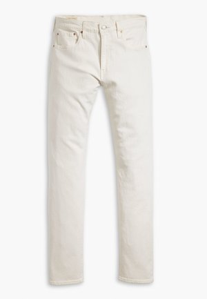 Witte denimspijkerbroek heeft een recht model, vijf zakken en metalen knoopaccenten. De stof heeft een gladde textuur en minimale stiksels.
