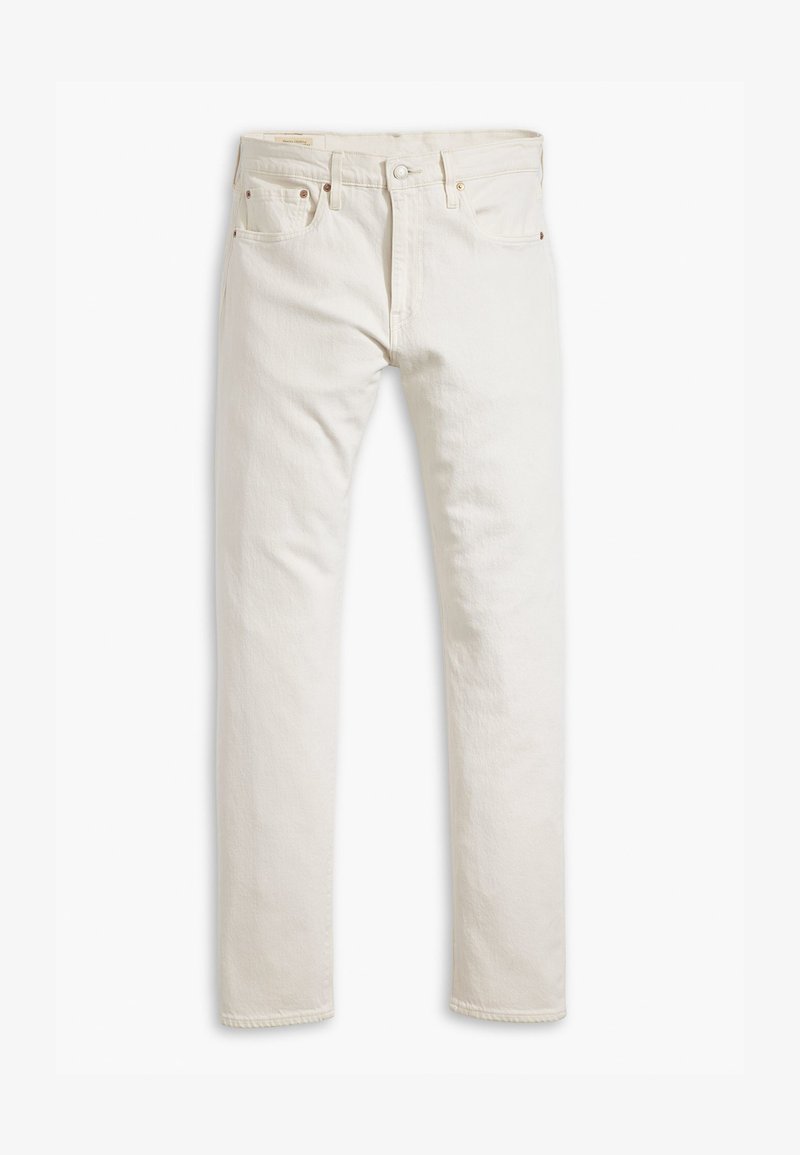 White denim jeans feature a straight fit, five-pocket design, and metal button accents. The fabric has a smooth texture and minimal stitching.