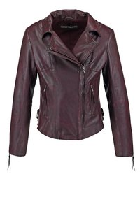 Burgundyröd lädermotorcykeljacka med notchkrage, blixtlås framtill och två sidofickor. Har eleganta ärmslut med dragskojustering.