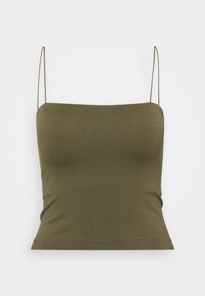 Camisola fitted de culoare verde măslin, cu bretele subțiri, textură moale și decolteu drept, având un design fără cusături și lungime scurtă.