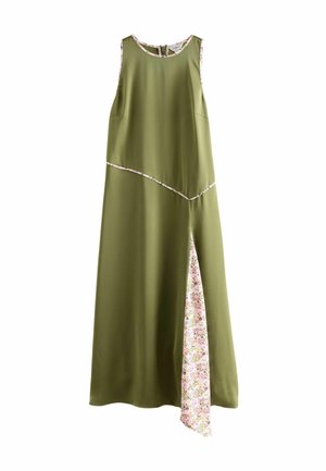 Sleeveless olive green maxi dress with asymmetrical floral trim and side slit revealing floral fabric panel underneath.