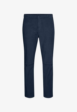 Donkerblauwe corduroy broek met een rechte pijp, voorzien van een knoopsluiting en subtiele stikdetails aan de voorkant en zakken.