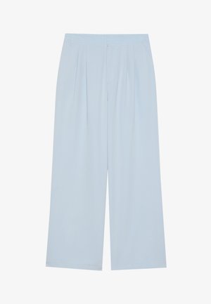 Helleblaue weit geschnittene Hose aus glatt verarbeitetem Material, mit vorderen Falten und einem elastischen Bund für zusätzlichen Komfort.