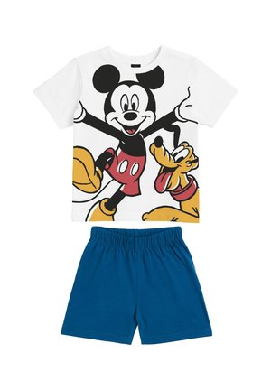 Children’s outfit with white t-shirt featuring Mickey Mouse and Pluto graphic, paired with plain blue elastic-waist shorts.
