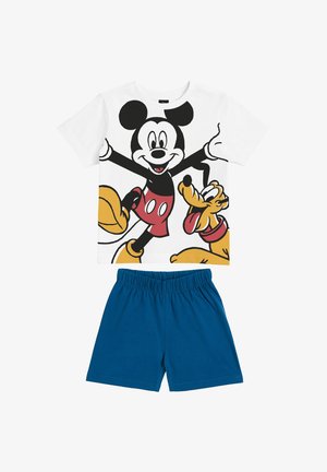 Completo per bambini con t-shirt bianca con grafica di Topolino e Pluto, abbinata a pantaloncini blu semplici con vita elastica.