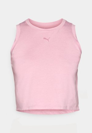 Pink sleeveless crop top made from soft fabric. Features a round neckline and a small, subtle logo on the chest. Smooth texture.