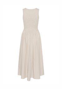 Abito midi beige senza maniche con corpetto aderente in maglia e gonna ampia raccolta, mostrato da dietro su sfondo bianco.