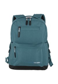 Zaino turchese con tessuto a trama esagonale. Presenta due scomparti con zip, spallacci regolabili e un fondo nero a contrasto.