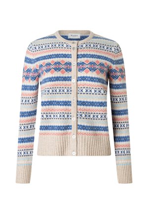 Gebreid vest met knopen en blauw, roze en beige geometrisch en gestreept patroon, geribde boorden, zoom en kraag.
