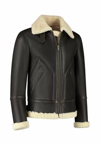 Giubbotto di pelle marrone con colletto e polsini in shearling, dotato di chiusura con zip, cuciture diagonali e due tasche frontali. Interno morbido e testurizzato.