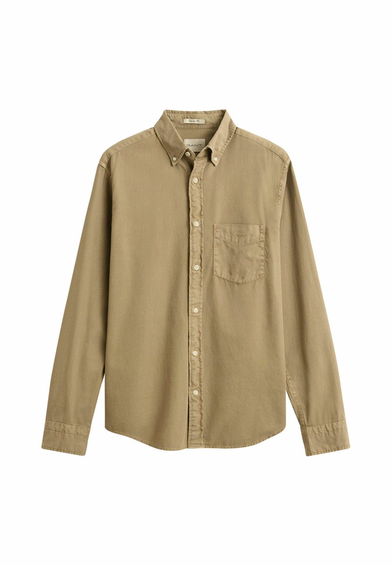 Tan long-sleeve button-up shirt with a front chest pocket and a button-down collar, shown against a white background.