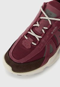 Gros plan sur une chaussure de sport bordeaux et marron avec des lacets blancs, en mesh et cuir, avec le logo Gore-Tex Invisible Fit sur le côté.