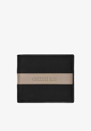 Črna usnjena denarnica z bež vodoravno črto, na sredini sprednje strani vtisnjen napis "CERRUTI 1881".