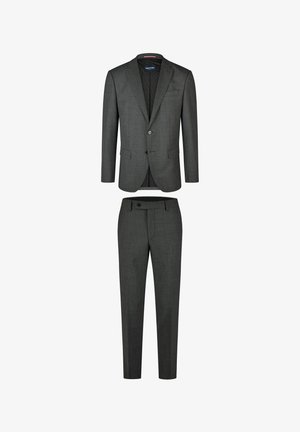 Grijs pakset met een enkelknopjack met gepofte revers en bijpassende broek, vervaardigd uit een textuurstof met een subtiel patroon.