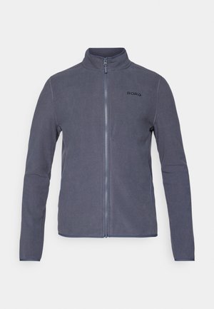 Casaco de fleece cinza escuro com um colarinho alto e fecho de correr frontal completo. Apresenta um design limpo e um pequeno logótipo "BORG" no peito.