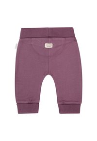 Paarse katoenen peuterbroekjes met een elastische tailleband, gerimpelde manchetten en een klein label op de achterzak. Zachte, gladde textuur.