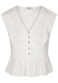 Top blanco de peplum con escote en V, que presenta cinco botones decorativos en la parte frontal y un diseño sin mangas. Está hecho de una tela ligera.