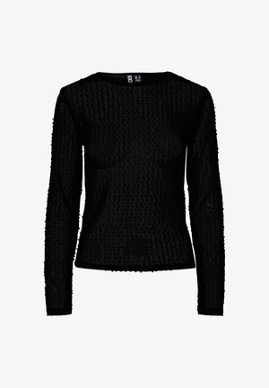 Maglia nera a maniche lunghe realizzata in tessuto trasparente, con pattern a pois testurizzati su tutta la superficie e scollatura a barchetta. Design aderente con orlo dritto.