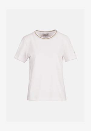 Baltas T-krekls ar īsām piedurknēm un apaļu izgriezumu, ar smalku zelta apdari un mazu logotipu uz kreisās piedurknes.