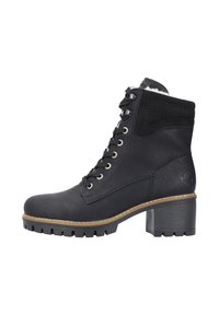 Black ankle boots with a smooth leather exterior, lace-up design, padded collar, rubber sole, and a chunky heel with treaded bottom.