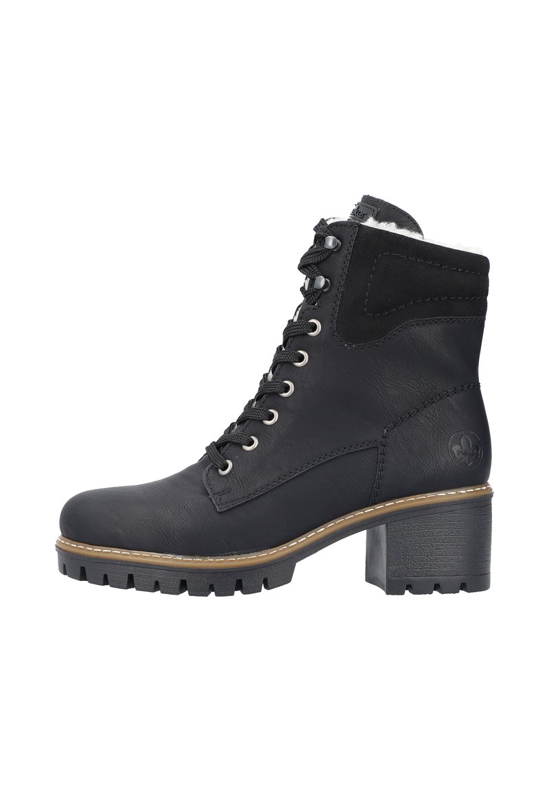 Black ankle boots with a smooth leather exterior, lace-up design, padded collar, rubber sole, and a chunky heel with treaded bottom.