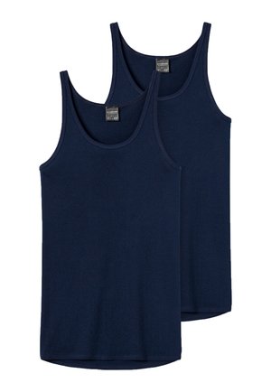 Zwei einfarbige marineblaue ärmellose Tanktops mit rundem Ausschnitt, flach liegend dargestellt, eines leicht überlappend das andere.