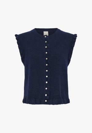 Gilet en maille bleu marine sans manches, orné de bords à volants et d'une rangée de boutons blancs sur le devant, présenté sur fond blanc.