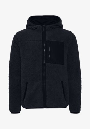 Black fleece hoodie with a zip closure, featuring a front pocket, side pockets, and ribbed cuffs. Soft texture with a matte finish.