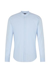 Lichtblauw lange mouw shirt met een bandkraag, knoopsluiting en een zachte katoenstructuur. Heeft een rechte zoom en knoopmanchet.
