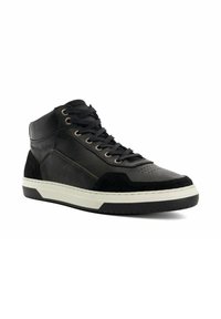 Black high-top sneaker with leather and suede accents, featuring lace-up closure, perforated toe, white midsole, and textured black outsole.