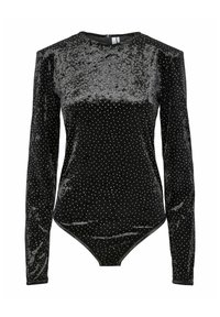 Bodysuit de terciopelo negro con mangas largas, con un diseño texturizado y lunares plateados. Tela suave con una silueta ajustada.