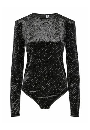 Bodysuit en velours noir à manches longues, présentant un design texturé et des pois argentés. Tissu lisse avec une silhouette ajustée.