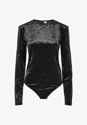 Bodysuit de terciopelo negro con mangas largas, con un diseño texturizado y lunares plateados. Tela suave con una silueta ajustada.