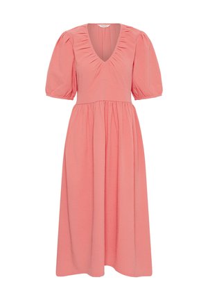 Abito midi rosa con maniche corte a sbuffo, scollatura a V, vita arricciata e tessuto strutturato.