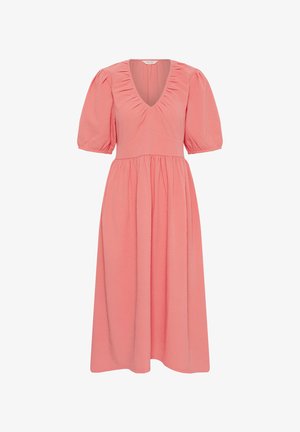 Abito midi rosa con maniche corte a sbuffo, scollatura a V, vita arricciata e tessuto strutturato.