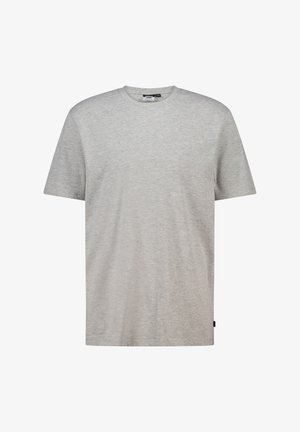 T-shirt gris clair à manches courtes et col ras du cou, avec une petite étiquette noire sur le bas de la couture latérale, présenté sur un fond blanc.