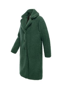 Grön fluffig kappa gjord av texturerat tyg, med krage, långa ärmar och framknappar. Den har en lös, oversized silhuett.