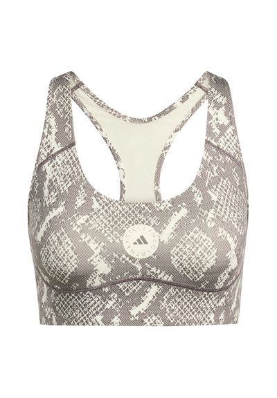 Reggiseno sportivo con stampa a serpente, caratterizzato da una combinazione di colori crema chiaro e grigio, design a schiena scoperta e un logo circolare al centro.
