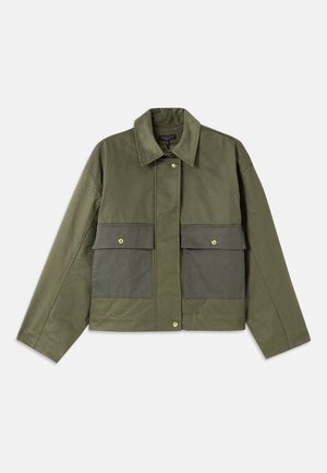 Olive green jacket made of cotton with a collared neck, button front, and two large front pockets featuring flap closures.