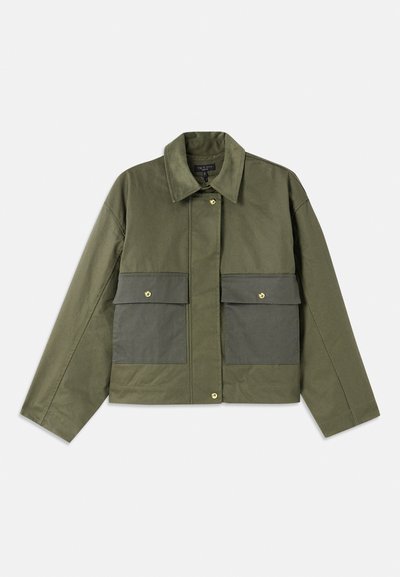 Olive green jacket made of cotton with a collared neck, button front, and two large front pockets featuring flap closures.