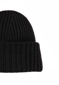 Black ribbed knit beanie hat with a folded cuff, shown against a white background.
