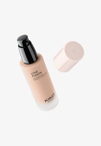 KIKO Milano Love Fusion 24H Moisture Radiant Foundation bottle with black pump and detached pale pink cap on white background.