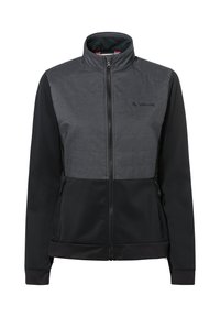 Zwart en donkergrijs heren jack met hoge kraag, ritssluiting aan de zijkanten en Vaude-logo op de borst.