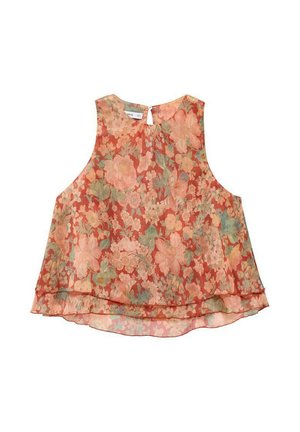 Top senza maniche floreale in tessuto corallo trasparente, caratterizzato da un orlo stratificato, chiusura a occhio di pernice sul retro e una stampa di fiori rosa e verdi.