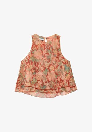 T-shirt sans manches en tissu corail transparent, avec un ourlet superposé, une fermeture en forme de clé au dos et un imprimé de fleurs roses et vertes.