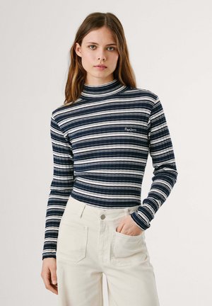 Marineblauw en witte gestreepte longsleeve top met hoge kraag; heeft een ribbeltextuur en een klein geborduurd logo op de borst.