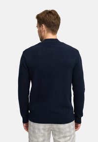 Mann mit kurzen braunen Haaren, der einen dunkelblauen Langarmpullover und hellgraue Hosen trägt, von hinten vor einem einfarbigen Hintergrund.