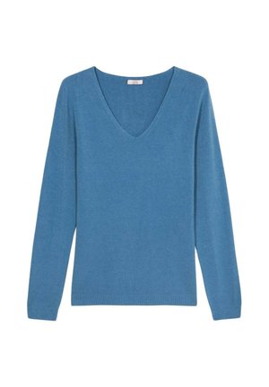 Blaues V-Ausschnitt-Pullover mit langen Ärmeln, aus weichem, strukturiertem Stoff. Verfügt über gerippte Bündchen und Saum für einen enganliegenden Look.
