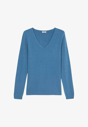 Blaues V-Ausschnitt-Pullover mit langen Ärmeln, aus weichem, strukturiertem Stoff. Verfügt über gerippte Bündchen und Saum für einen enganliegenden Look.
